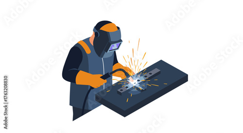 Isometric welding worker using torch with sparks in workshop