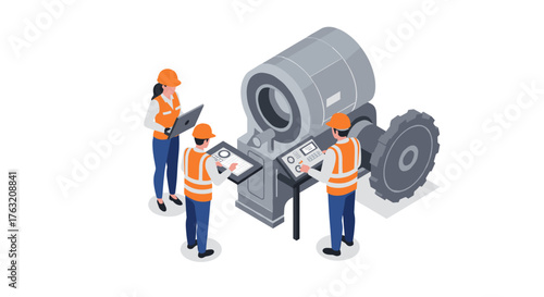 Engineers analyzing machinery with digital tools in isometric design