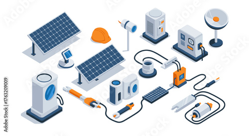 Isometric solar energy equipment and tools set for sustainable technology