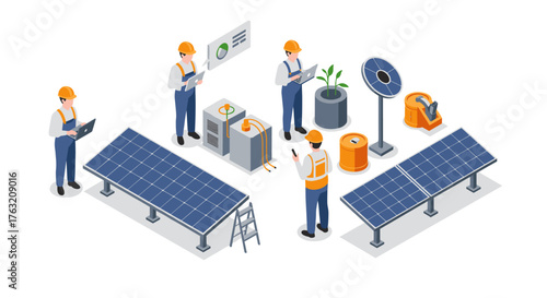 Sustainable energy workers analyzing solar panels and equipment in isometric design