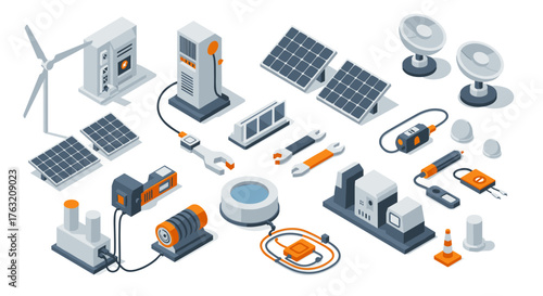 Modern isometric renewable energy equipment and tools