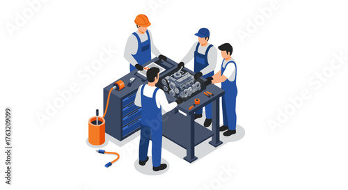 Isometric workshop scene: mechanics assembling engine on workbench