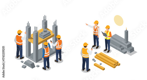 Construction team working on building foundation and blueprint planning in isometric style