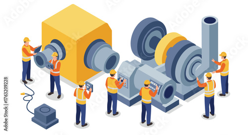 Isometric engineers analyzing industrial machinery components