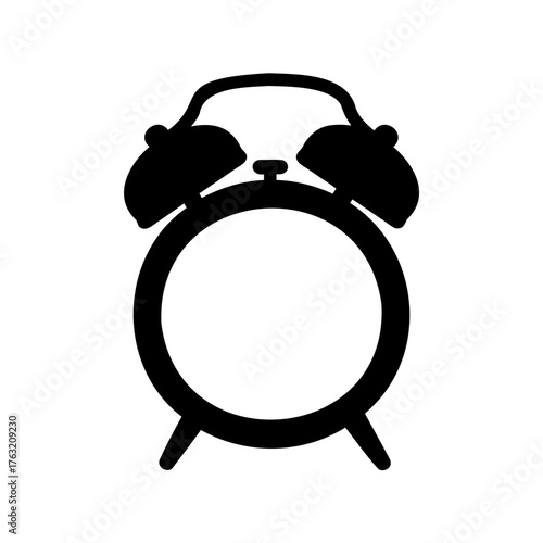 Classic black and white alarm clock icon with a minimalist aesthetic design