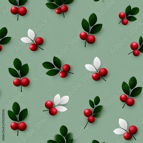 Seamless pattern of red berries and green leaves with a soft festive illustrative style