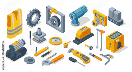 Isometric industrial tools and machinery icons for construction and engineering design