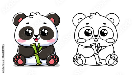 Cute kawaii panda with bamboo. Black and white vector illustration for coloring book with example in color