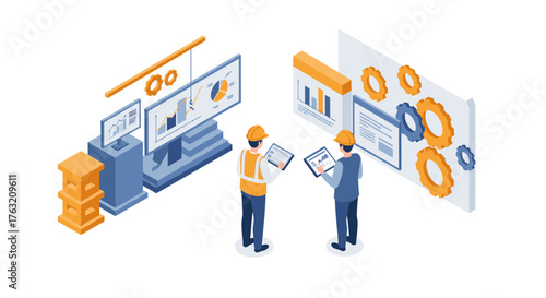 Isometric technology and engineering concept with engineers analyzing data on digital screens