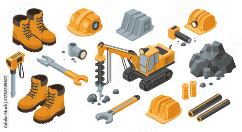 Isometric construction tools and equipment featuring excavator and safety gear