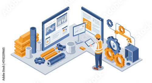 Industrial automation isometric design with engineer in high-tech factory setting