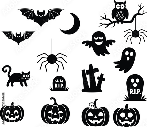 Halloween silhouette set, bats, ghosts, jack-o'-lanterns, black cat, crescent moon, graveyard crosses, spiders, spooky festive vector illustration