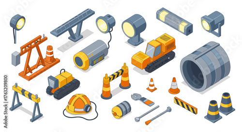 Isometric construction site objects with traffic barriers, vehicles, and safety equipment