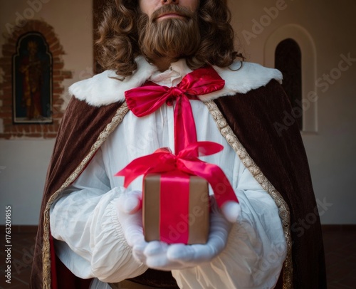 Historical Man Offering Gift Box with Red Ribbon.