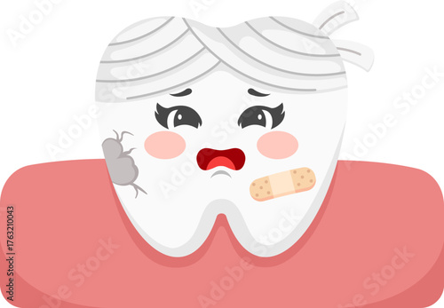 Cartoon Tooth with Bandage and Cavity
