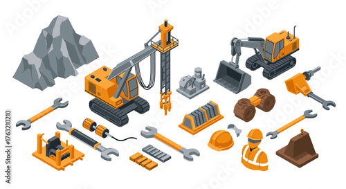 Isometric construction equipment and tools collection for industrial projects