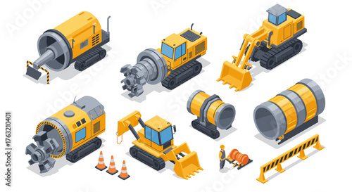 Isometric construction machinery and equipment set with vehicles and tools