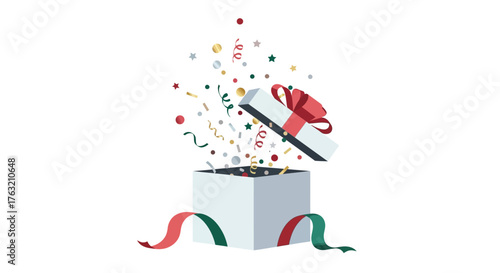 An open white gift box with a red green ribbon and bow, exploding with colorful confetti and glitter.