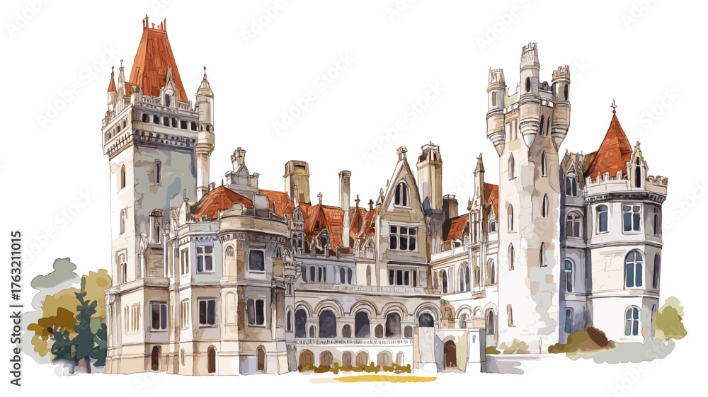 Casa Loma. Casa Loma hand drawn watercolor illustration