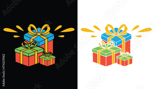 Vector image of a festive birthday gift box logo variation with beautiful shapes and colors for design needs with a choice of black and white backgrounds.