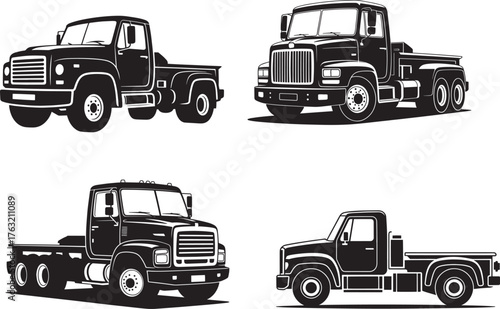 Four black and white illustrations of trucks vehicle transport