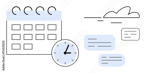 Calendar grid, clock, cloud, and notes emphasize planning, organization, and time tracking. Ideal for productivity, deadlines, reminders project management scheduling workflow simple flat