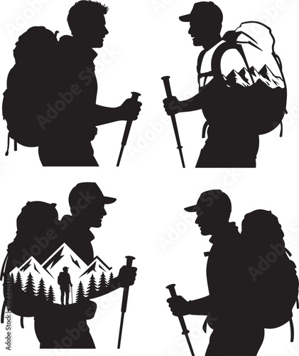 Hikers with backpacks and trekking poles mountains