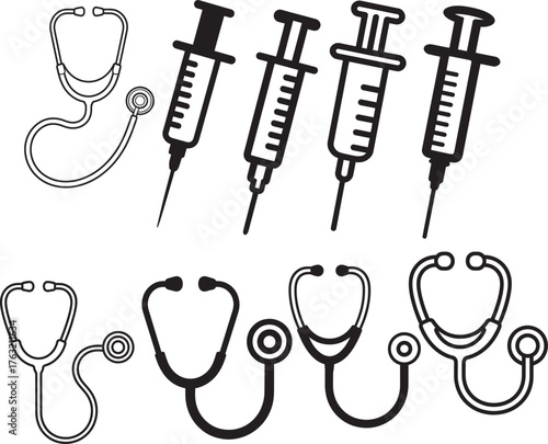 Medical instruments stethoscope and syringe icons health care