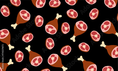 Doodle Steak and Beef Meat Seamless Pattern Background. Hand Drawn Food Design. Seamless Food Background Vector
