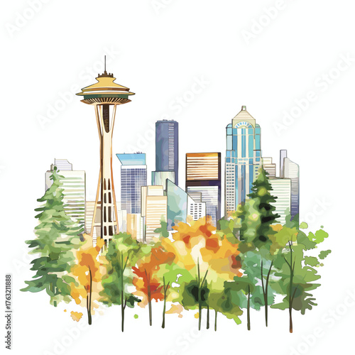 Seattle. Seattle hand drawn watercolor illustration