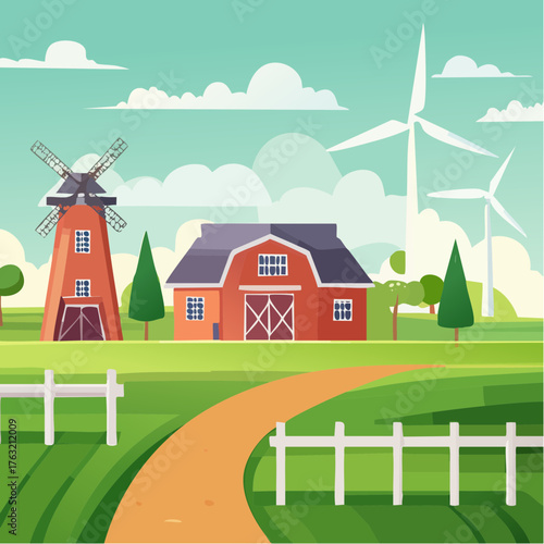 Farming and nature. Vector illustration of farm with windmills