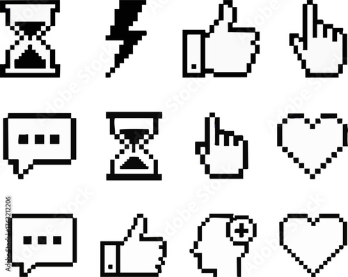 Set of retro 8-bit pixel art icons for digital interfaces, featuring common symbols like hourglass, lightning, thumbs up, cursor, chat bubble, and heart, ideal for vintage UI design projects