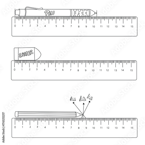 Science of hand drawn vector Length & Height, Measuring the length of objects with a ruler outline.
