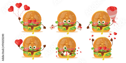 A set of cartoon-style burger characters for Valentine's Day. Love and tenderness. Hearts. Vector illustration, front view. Can be used for book illustrations, postcards, etc.