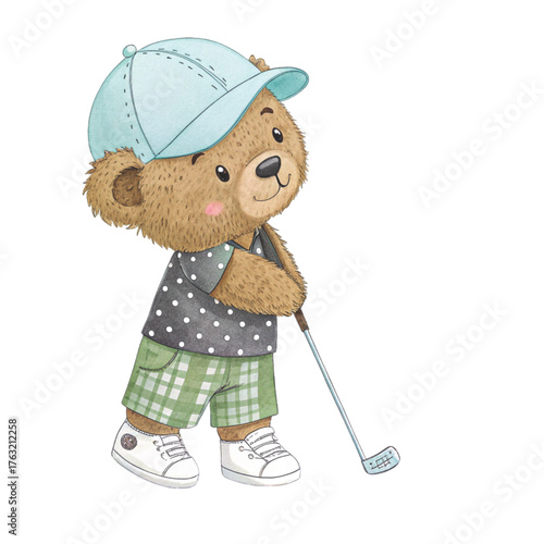 Cute watercolor cartoon of a teddy bear playing golf 