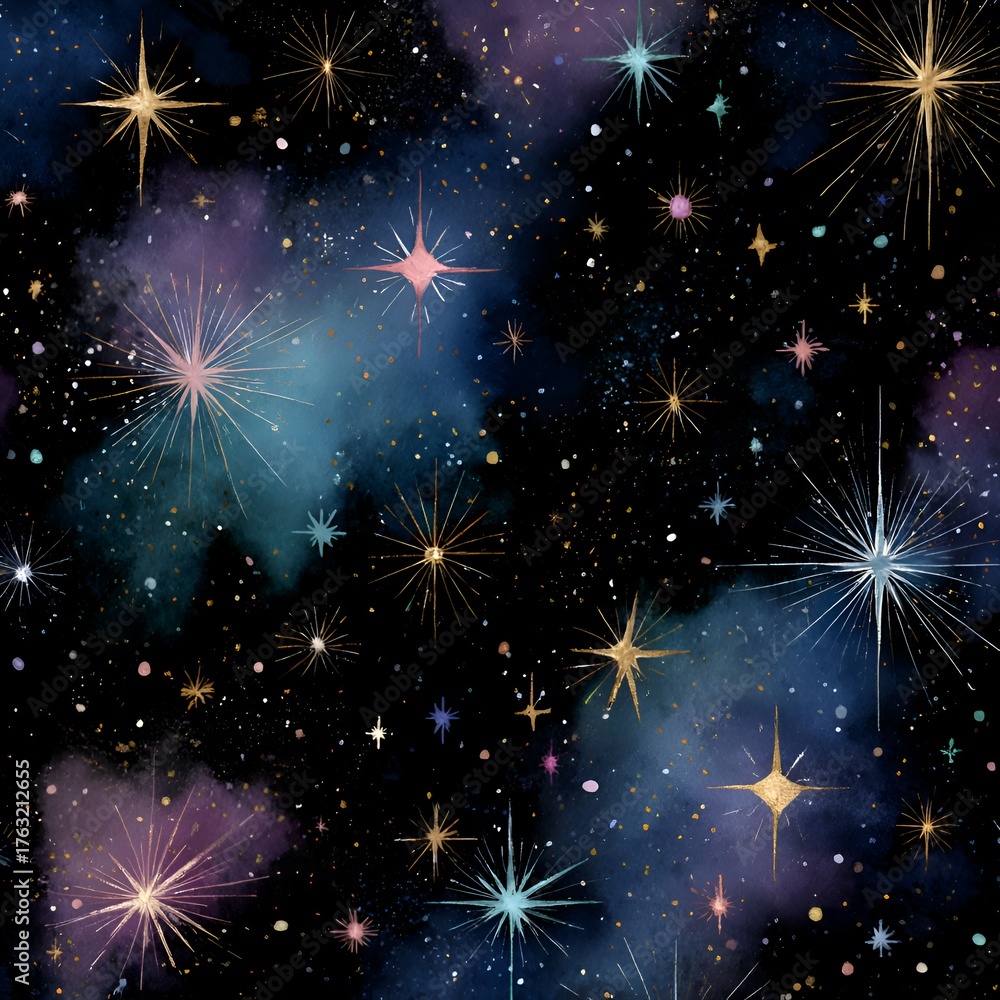 Fototapeta premium A mesmerizing seamless pattern features vibrant stars and nebulas against a deep black backdrop creating a magical cosmic atmosphere seamlessly.
