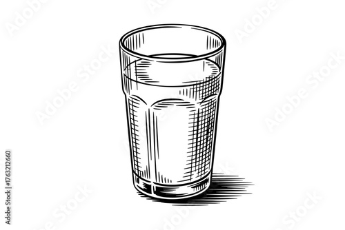 a clear glass filled with water, drawn in vintage engraving style, symbolizing purity, hydration, and simplicity.