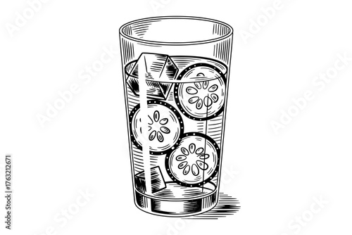 a glass filled with cucumber slices and ice cubes, representing refreshing healthy detox water.
