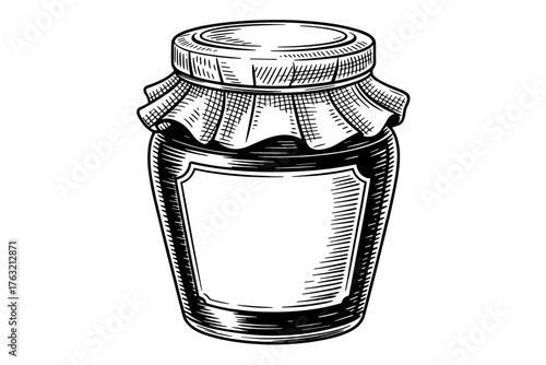 a glass jam jar with cloth cover and blank label, detailed engraving showing homemade preservation concept.