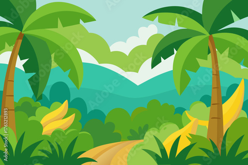 A lush cartoon scene of a tropical jungle with banana trees vector illustration