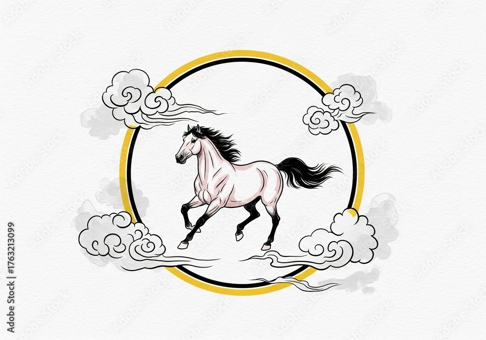 Obraz premium Traditional East Asian ink wash painting, powerful horse design for the year of the horse artwork