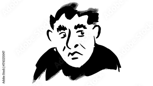 a man’s face with a serious expression, emphasizing emotion, focus, and character in a minimalist style.