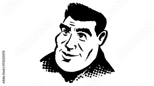 a man’s face drawn in a vintage comic book style, featuring a confident smirk and expressive detail.