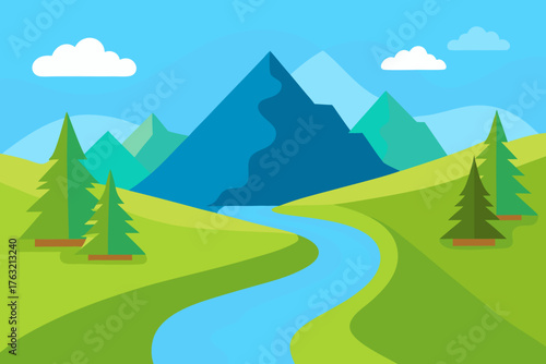 A scenic cartoon scene of a valley with a winding river vector illustration