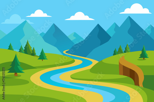 A cartoon illustration of a valley with a winding river vector illustration