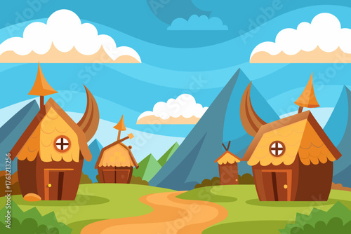 A cartoon viking village background with wooden huts vector illustration