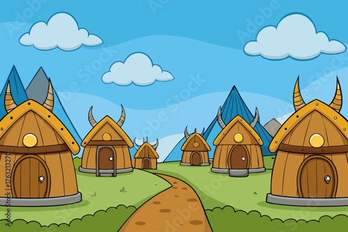 A detailed cartoon background of a viking village with wooden huts vector illustration