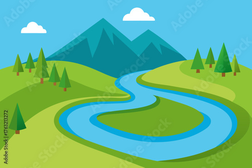 A simple cartoon of a valley with a winding river vector illustration
