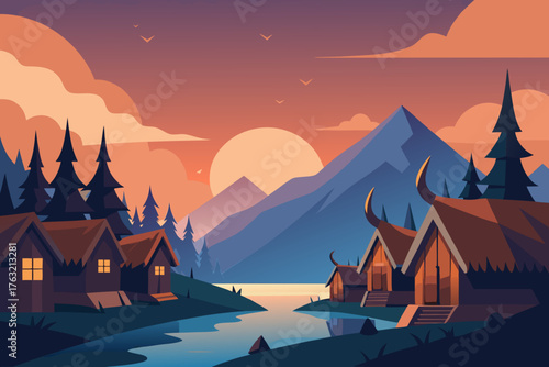 A simple cartoon illustration of a viking village with wooden huts vector illustration