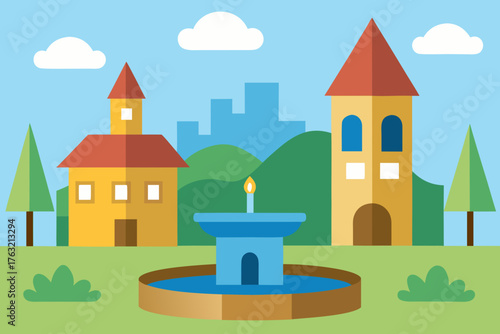 A cartoon village square background with a fountain vector illustration